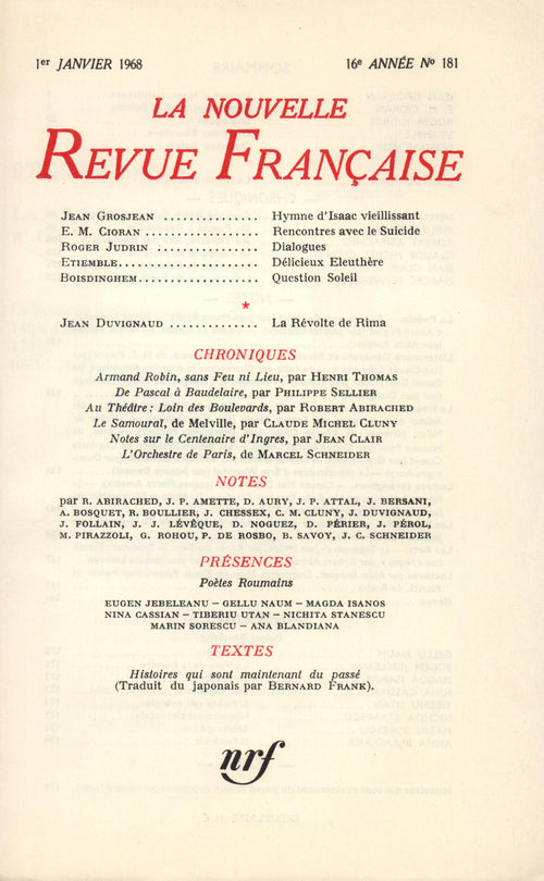 La Nouvelle Revue Française N' 181 (Janvier 1968)