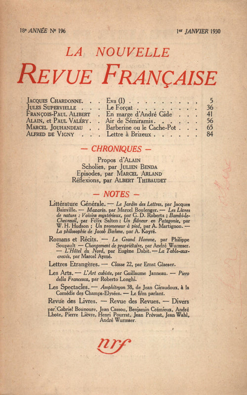 La Nouvelle Revue Française N' 196 (Janvier 1930)