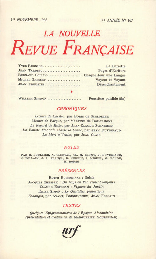 La Nouvelle Revue Française N' 167 (Octobre 1966)