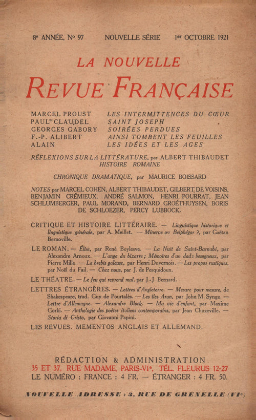 La Nouvelle Revue Française N' 97 (Octobre 1921)