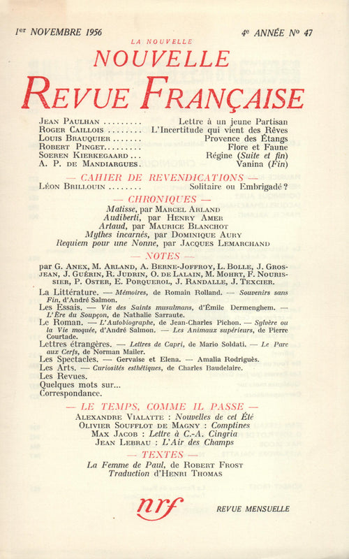 La Nouvelle Nouvelle Revue Française N' 47 (Novembre 1956)