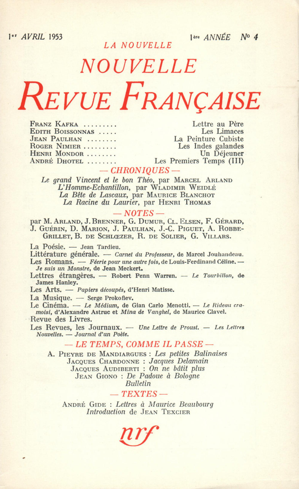 La Nouvelle Nouvelle Revue Française N' 4 (Avril 1953)
