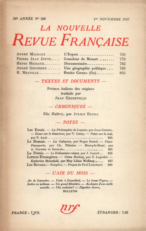 La Nouvelle Revue Française N° 290 (Novembre 1937)