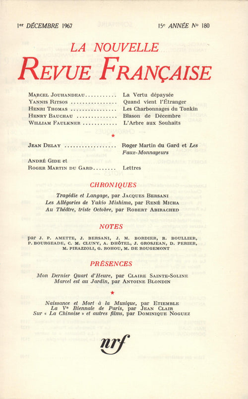 La Nouvelle Revue Française N' 180 (Décembre 1967)