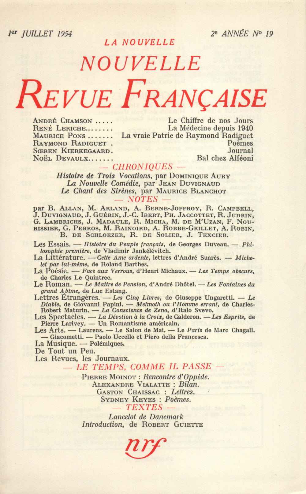 La Nouvelle Nouvelle Revue Française N' 19 (Juillet 1954)