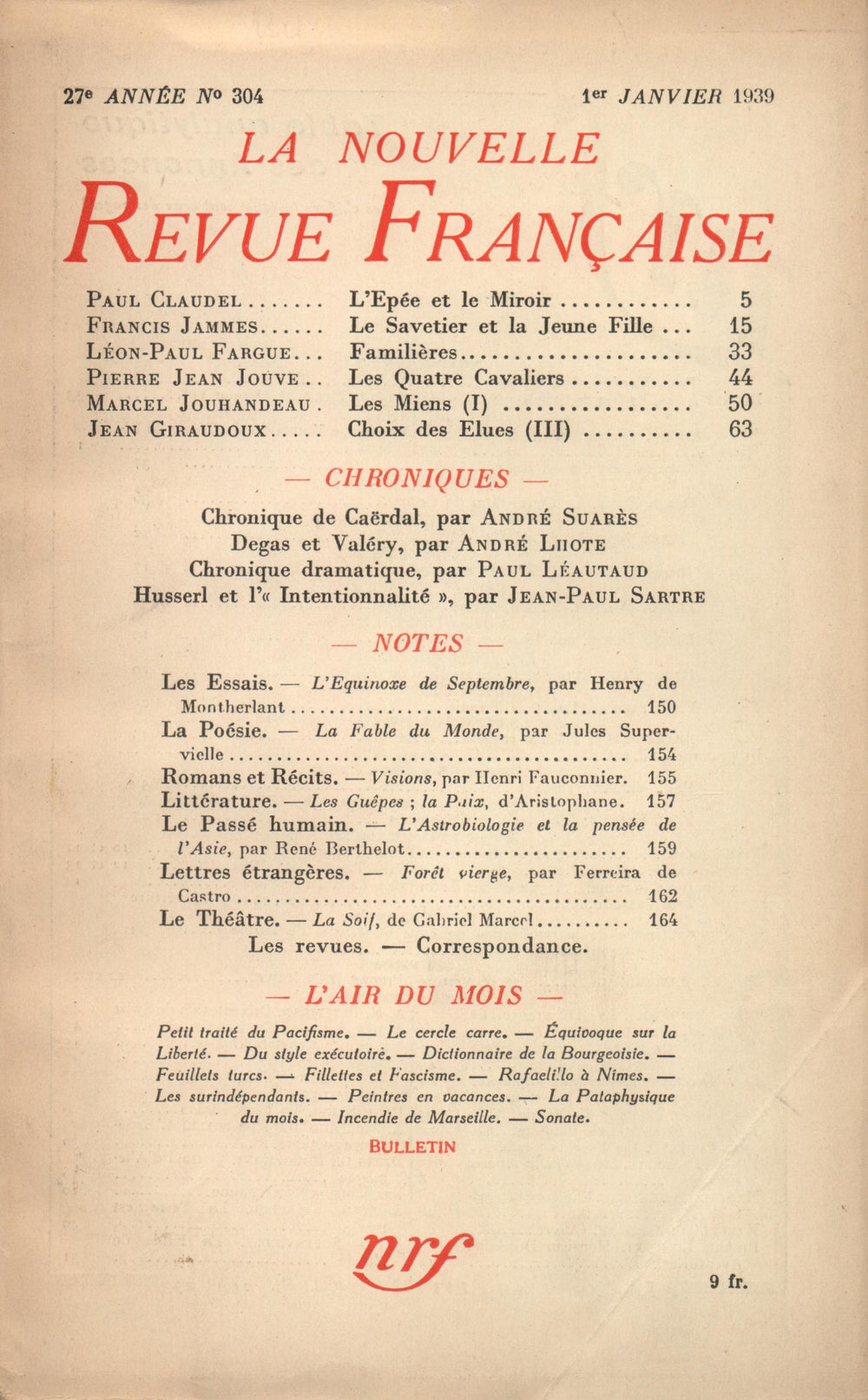 La Nouvelle Revue Française N' 304 (Janvier 1939)