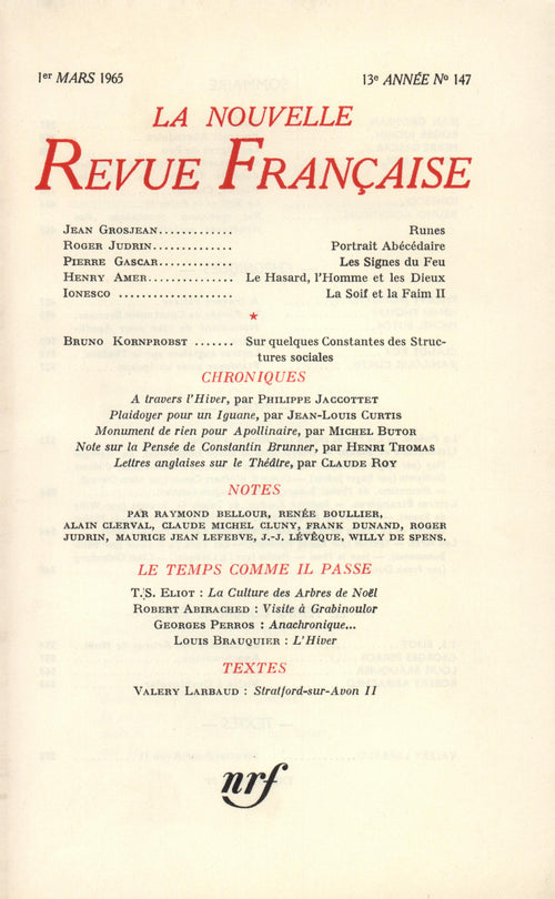 La Nouvelle Revue Française N' 147 (Mars 1965)