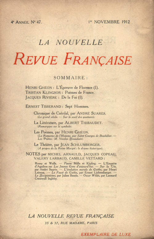 La Nouvelle Revue Française N' 47 (Novembre 1912)