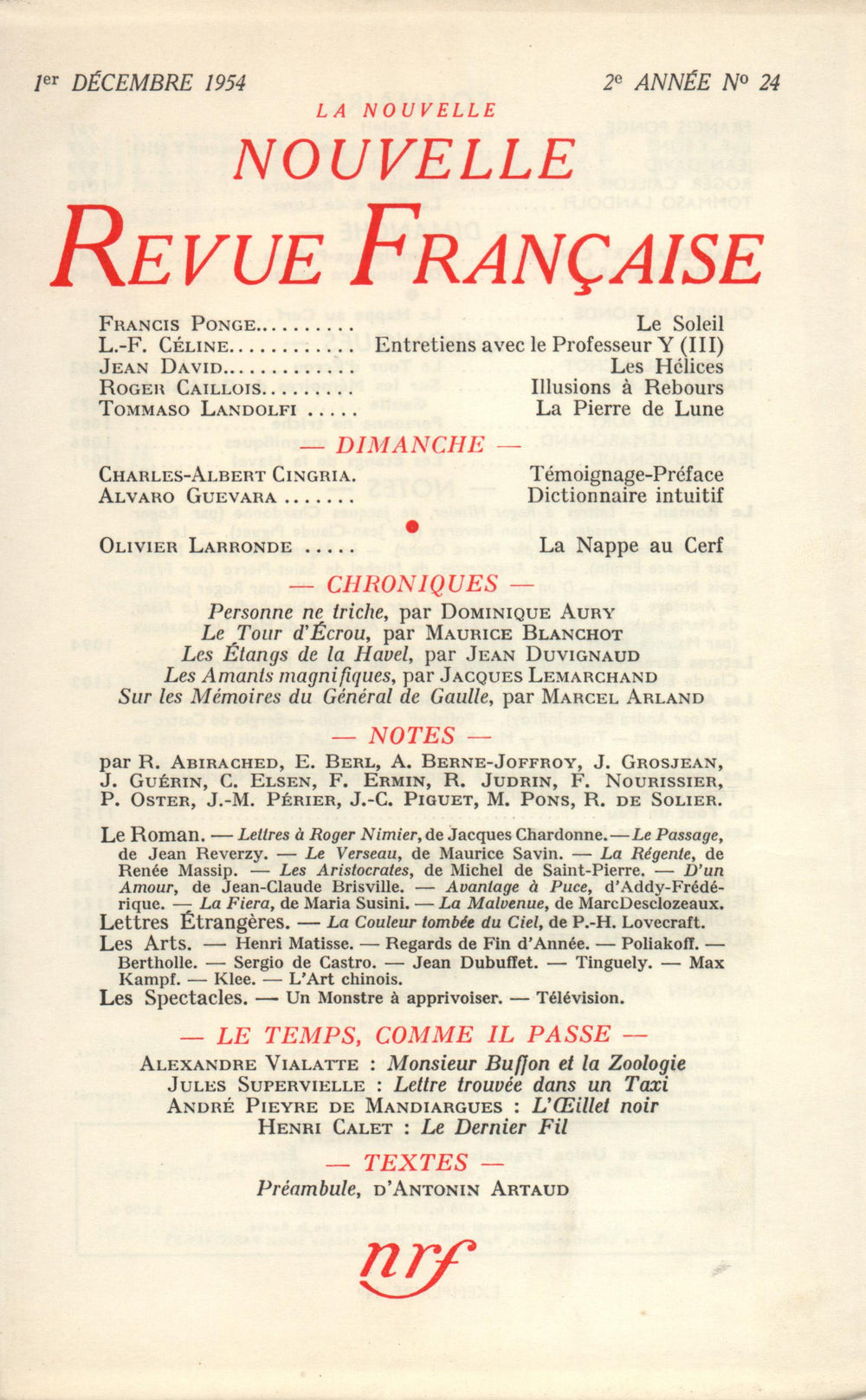 La Nouvelle Nouvelle Revue Française N' 24 (Décembre 1954)